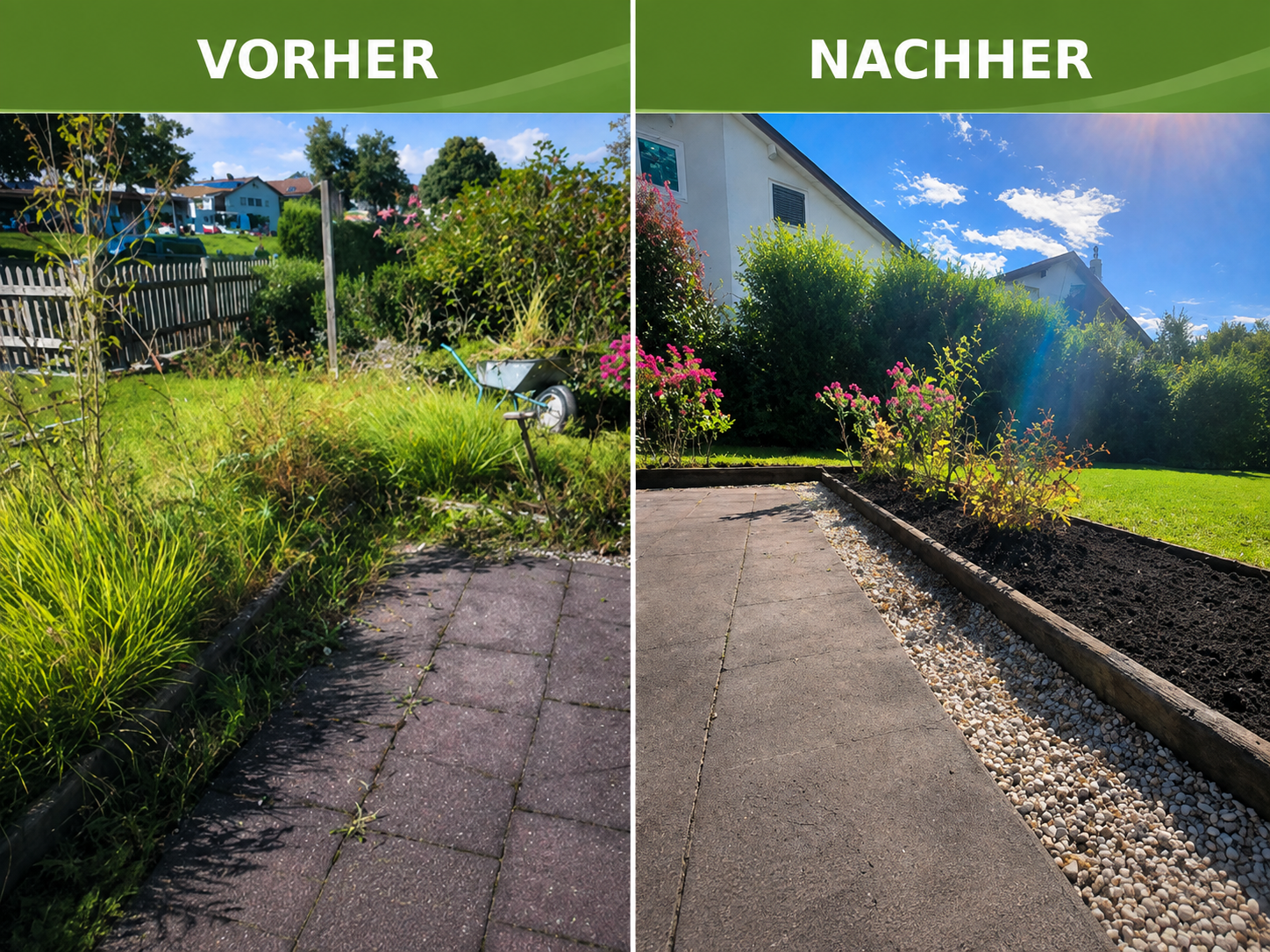 Vorher-Nachher-Beispiel einer gepflegten Außenanlage