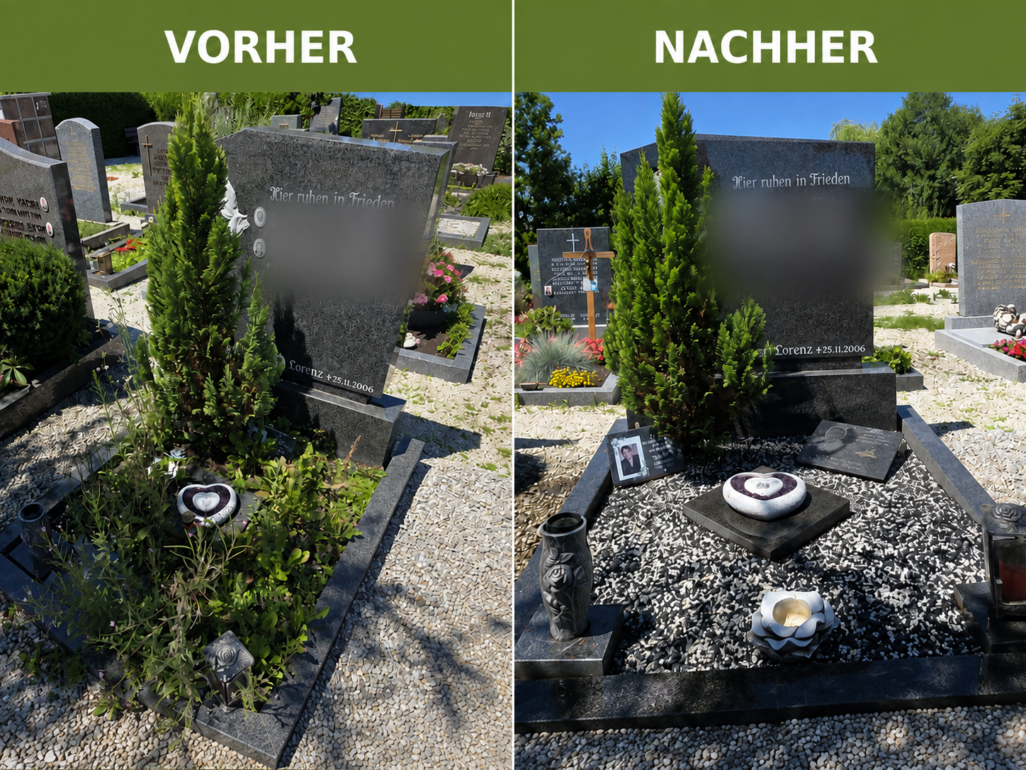 Vorher-Nachher-Beispiel einer Grabpflege